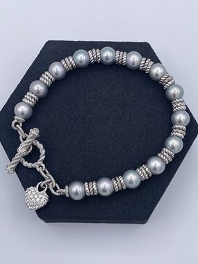 Judith Ripka Freshwater Pearl Bracelet 925 Sterling Silver CZ Heart Toggle